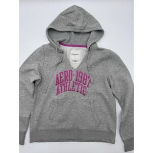 Aeropostale Hoodie Gray Pink Sweatshirt V-Neck Y2K Pullover Pocket Womens Large